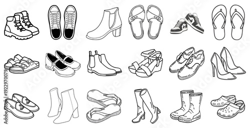 Set of modern sneaker and footwear illustrations, casual lifestyle shoes collection, flat vector icon style, isolated on white.
