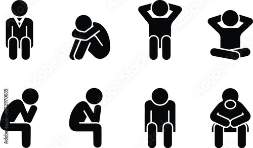 Sitting Postures Stick Figure Silhouette Icon Set Body Language Sitting Pose Silhouette Vector Pack