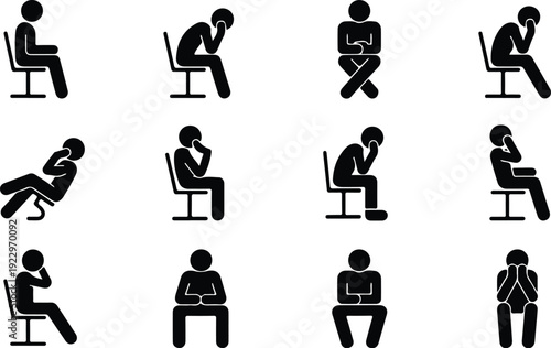 Sitting Postures Stick Figure Silhouette Icon Set Body Language Sitting Pose Silhouette Vector Pack