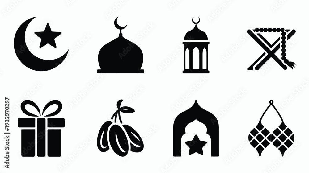 Obraz premium Elegant islamic eid ul fitr holiday icons set collection featuring crescent moon star mosque dome traditional lantern holy quran stand with prayer beads gift box dates archway entrance