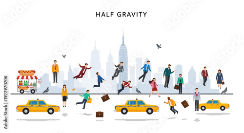 People floating in half gravity in a city with taxis and skyscrapers
