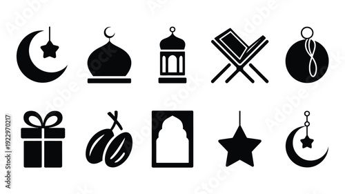 Collection of islamic cultural symbols and decorative elements including crescent moons with stars mosque domes traditional lanterns holy quran on stand gift boxes dates and arched