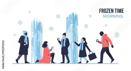 People Enjoying Frozen Time Morning with Ice Sculptures and Coffee