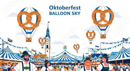 Oktoberfest Celebration with Pretzel Hot Air Balloons in Blue Sky