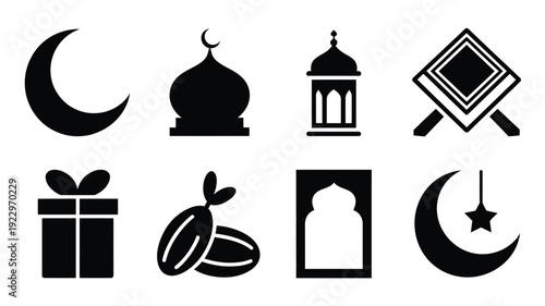 Collection of islamic cultural symbols and religious elements including a crescent moon with star mosque dome traditional lantern holy quran stand gift box dates fruit arched doorway
