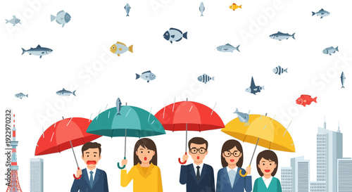 People with umbrellas in city, raining fish