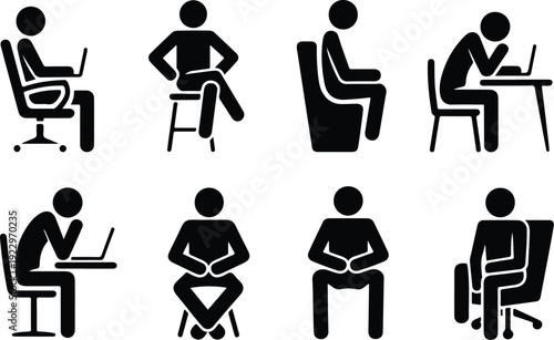 Sitting Postures Stick Figure Silhouette Icon Set Body Language Sitting Pose Silhouette Vector Pack