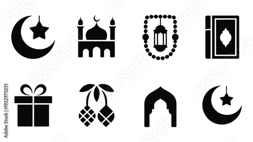 Modern eid ul fitr silhouette logo set featuring islamic symbols like crescent moon with star mosque prayer beads quran gift box ketupat and archway perfect for festive greetings