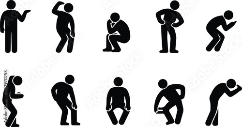 Sitting Postures Stick Figure Silhouette Icon Set Body Language Sitting Pose Silhouette Vector Pack