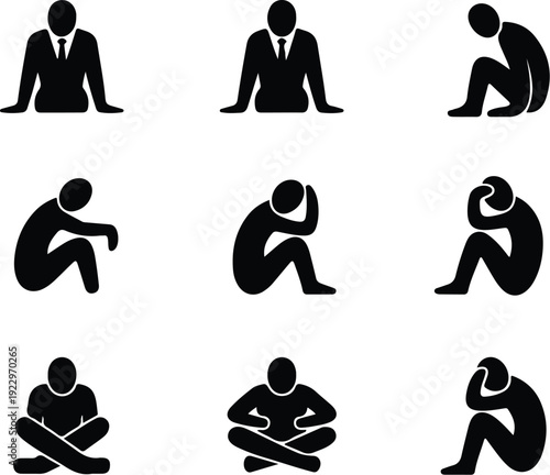 Sitting Postures Stick Figure Silhouette Icon Set Body Language Sitting Pose Silhouette Vector Pack
