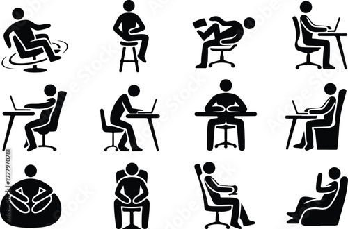 Sitting Postures Stick Figure Silhouette Icon Set Body Language Sitting Pose Silhouette Vector Pack