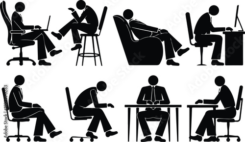 Sitting Postures Stick Figure Silhouette Icon Set Body Language Sitting Pose Silhouette Vector Pack