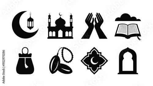 Collection of islamic cultural icons and symbols in silhouette representing prayer faith and religious celebration featuring a crescent moon with lantern mosque praying hands holy book