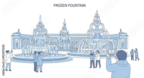 Frozen Fountain Display with People Taking Photos