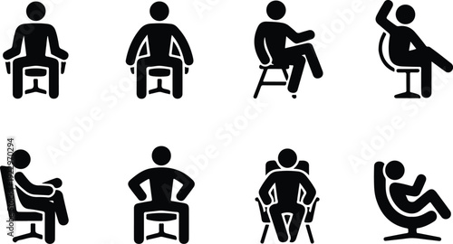 Sitting Postures Stick Figure Silhouette Icon Set Body Language Sitting Pose Silhouette Vector Pack