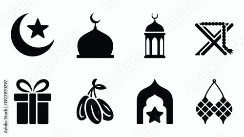 Elegant islamic eid ul fitr holiday icons set collection featuring crescent moon star mosque dome traditional lantern holy quran stand with prayer beads gift box dates archway entrance