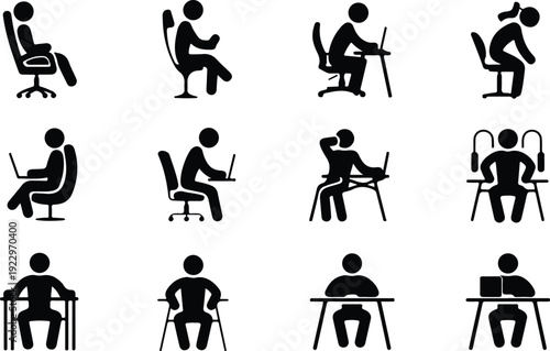 Sitting Postures Stick Figure Silhouette Icon Set Body Language Sitting Pose Silhouette Vector Pack