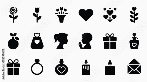 Collection of elegant black silhouette icons representing romance love and special occasions like mother's day featuring roses tulips heart shapes gift boxes perfume bottles envelopes