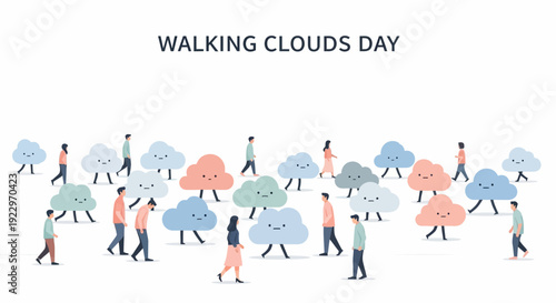 Whimsical walking clouds with happy faces mingle with people
