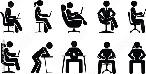 Sitting Postures Stick Figure Silhouette Icon Set Body Language Sitting Pose Silhouette Vector Pack