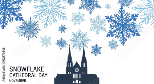 Snowflake Cathedral Day November - Blue Snowflakes Falling on Church Silhouette