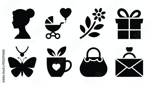 Collection of silhouette icons representing motherhood gifts and celebration elements including a woman's profile baby stroller with heart balloon flower branch gift box butterfly necklace