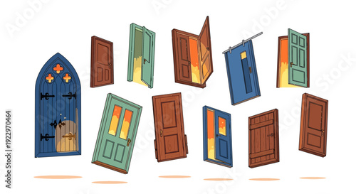 Collection of diverse doors and windows on a white background