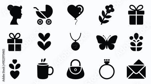 Diverse collection of black silhouette icons representing mother's day celebration themes including female profile baby stroller heart balloon flower branch gift box double hearts necklace