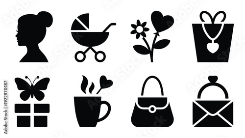 Collection of silhouette icons representing motherhood love and celebration woman's profile baby stroller flower with heart gift bag present with butterfly steaming mug with hearts handbag