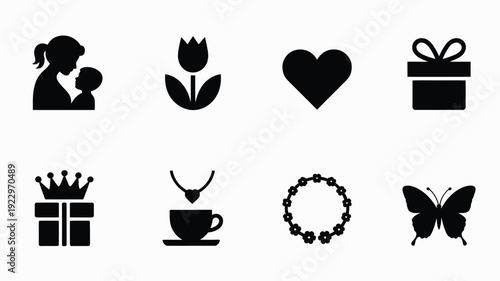 Collection of minimalist black silhouette icons celebrating mother's day featuring a mother hugging her child a tulip flower a heart symbol a gift box with a bow a present topped