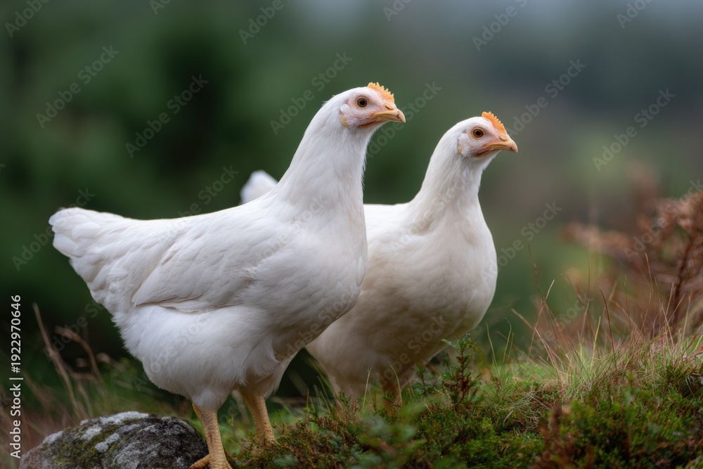 Fototapeta premium Two white hens in lush green landscape