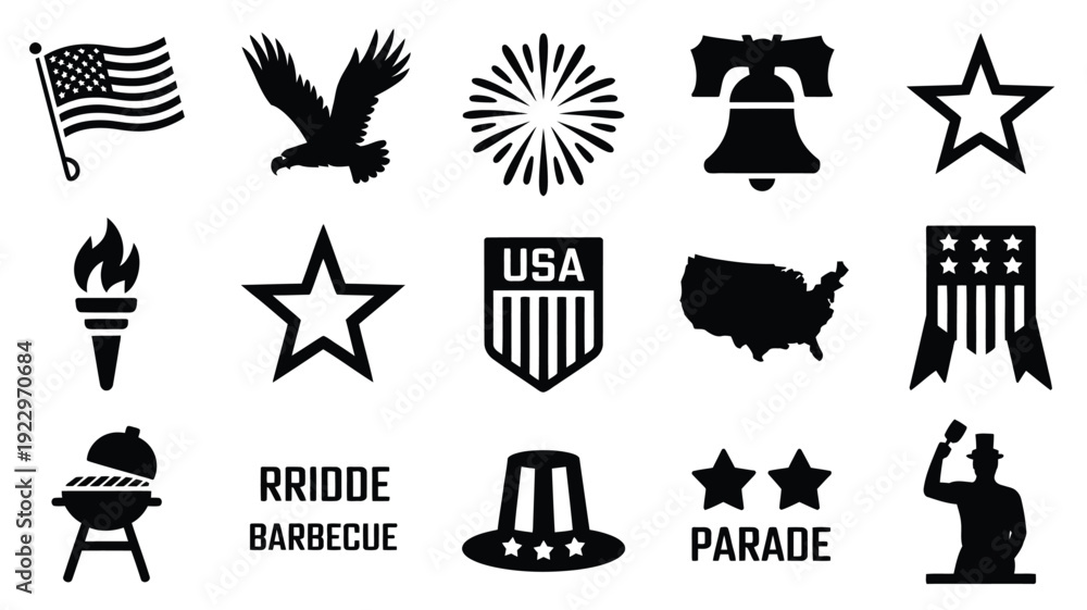 Fototapeta premium Collection of american independence day icons and symbols representing patriotism celebration and national pride featuring a flag eagle fireworks liberty bell stars torch usa emblem map