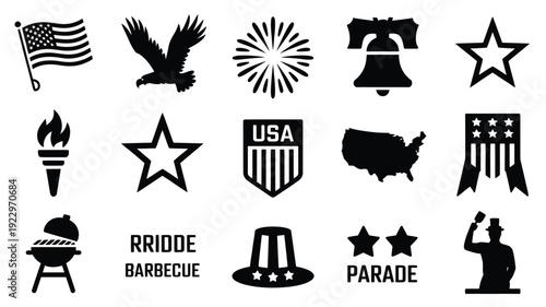 Collection of american independence day icons and symbols representing patriotism celebration and national pride featuring a flag eagle fireworks liberty bell stars torch usa emblem map