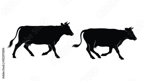 Silhouettes of two cows walking depicted in a minimalist black and white style