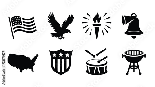 Collection of american patriotic silhouette icons representing freedom independence and national pride featuring the us flag eagle torch bell map shield drum and grill perfect