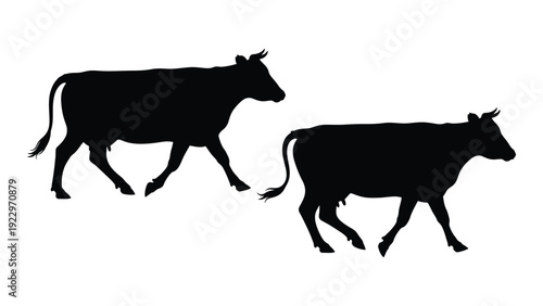 Silhouettes of two cows walking depicted in a simple black and white style