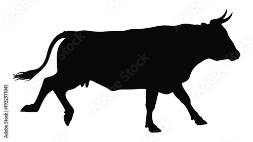 A striking silhouette of a bull depicted in a solid black form against a white background