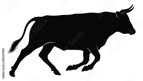 A silhouette of a bull depicted in a dynamic walking pose against a white background