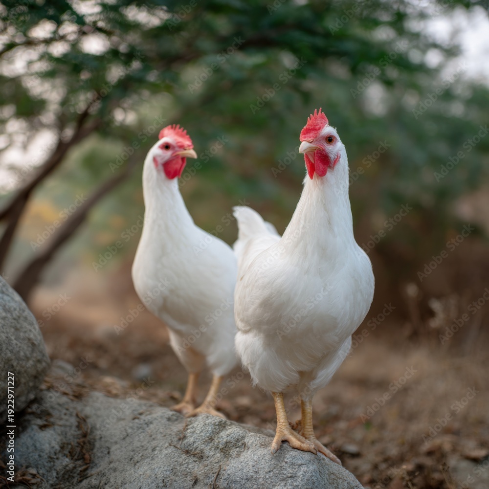 Fototapeta premium Two white chickens standing on rocks in a natural outdoor setting