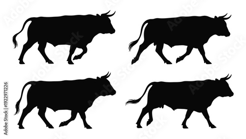 Four silhouettes of cows in various walking and standing poses against a white background