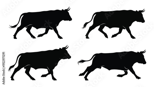 Four black silhouettes of cows in various walking and running poses