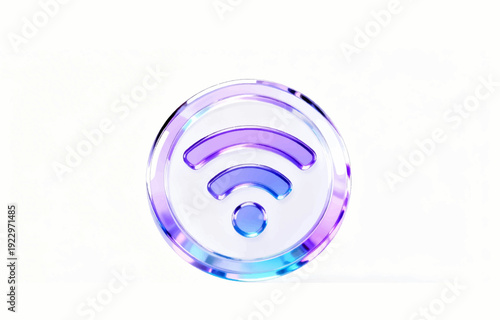 Vector 3D illustration of a glass icon with a Wi-fi planet symbol on a white background.