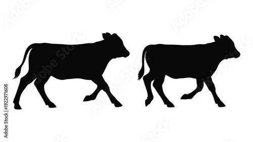 Two black silhouettes of cows are depicted walking side by side against a white background