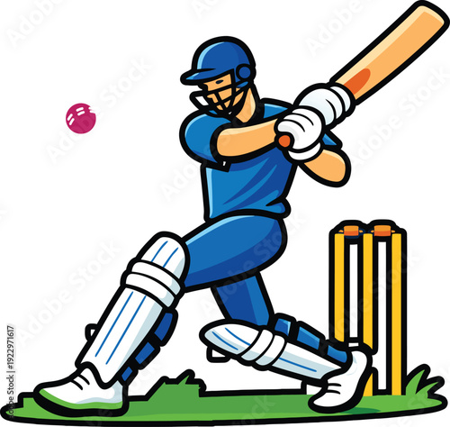 Cartoon illustration of a cricket player swinging a bat at a pink ball ready to score