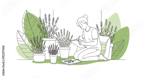 Woman Gardening and Drawing Potted Lavender Plants in a Bright Outdoor Setting