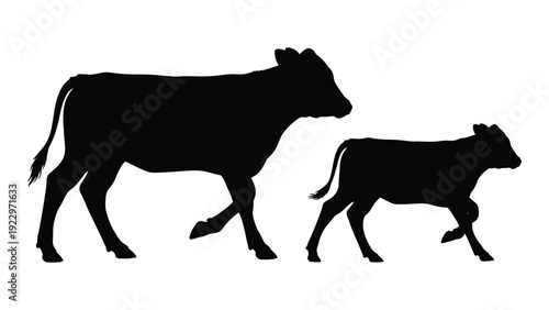 A black silhouette depicts a cow and her calf standing side by side