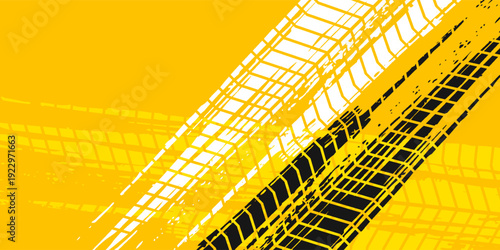 Rally racing sport grunge background, vector checkered flag and tire tracks road race pattern.