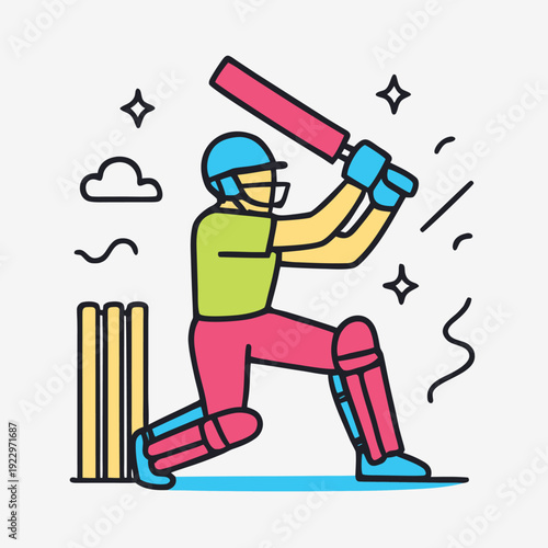 A stylized illustration depicts a cricket player preparing to hit a ball near the wickets
