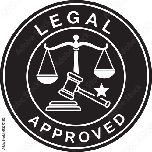 Legal approved round stamp featuring scales of justice, a gavel, and a star. Symbolizes official legal endorsement.