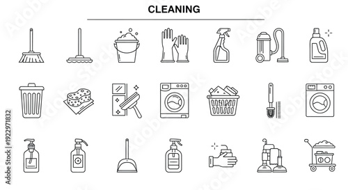 Cleaning supplies and household chores illustrated in a simple line art style